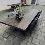 Eiken tafel + 6 blauwe draaistoelen, Ophalen, Gebruikt, 100 tot 150 cm, Eikenhout