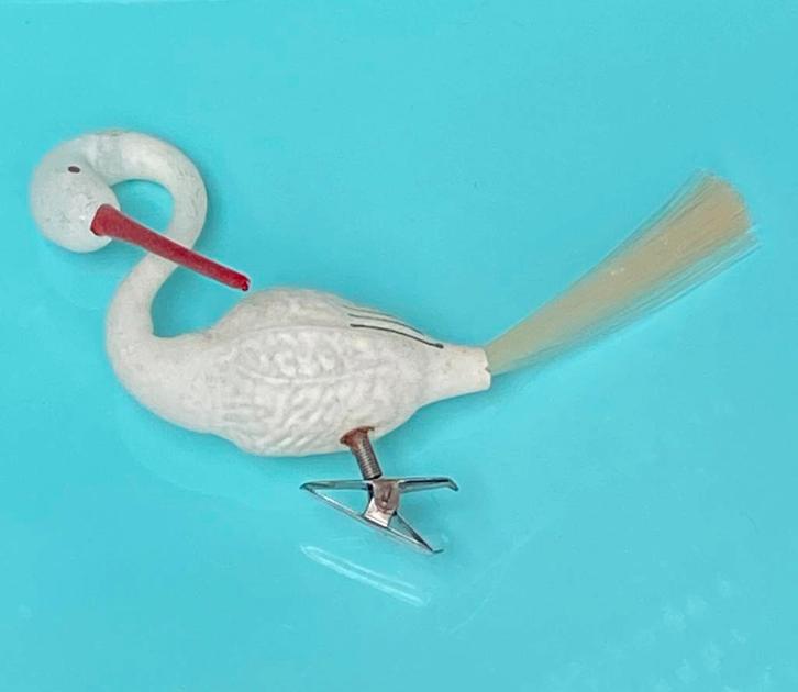 Vintage oude antieke kerstbal vogel op clip glasvezel staart, Diversen, Kerst, Verzenden