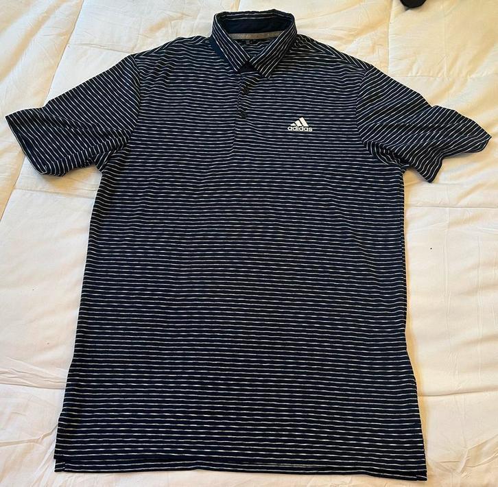 Originele Adidas golf sport polo gestreept donkerblauw wit L, Kleding | Heren, Polo's, Zo goed als nieuw, Maat 52/54 (L), Blauw