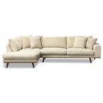 hoekbank japandi beige met bruine houten poot en plint, Huis en Inrichting, Banken | Complete zithoeken, Ophalen, Nieuw, Stof