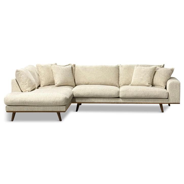 hoekbank japandi beige met bruine houten poot en plint, Huis en Inrichting, Banken | Complete zithoeken, Nieuw, Stof, Ophalen