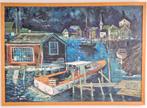 Vintage Schilderij stijlvol havenzicht op doek Jan ‘69 lijst, N, N, Ophalen of Verzenden, Zo goed als nieuw