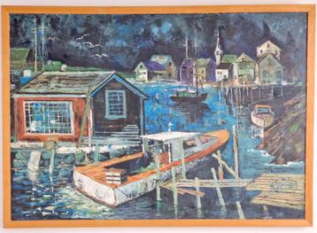 Vintage Schilderij stijlvol havenzicht op doek Jan ‘69 lijst beschikbaar voor biedingen