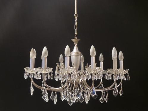 Franse kroonluchter met een zilver vernikkeld frame. Behange, Huis en Inrichting, Lampen | Kroonluchters, Gebruikt, Ophalen