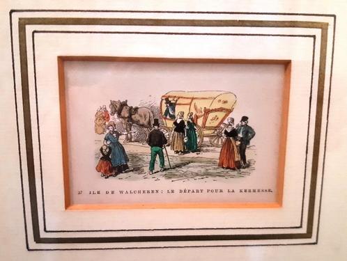 Zeeland Walcheren klederdracht kermis: Ingekleurde houtgravu, Verzamelen, Foto's en Prenten, Gebruikt, Prent, Klederdracht, Voor 1940