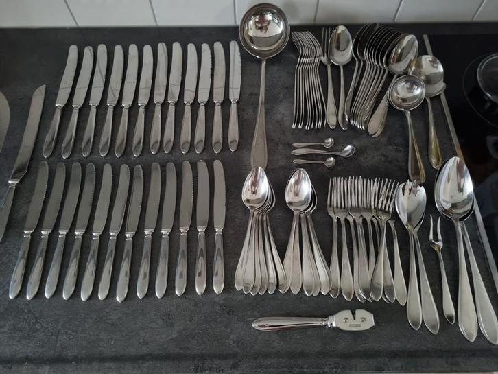Gero Zilmeta 718 Puntfilet 12 persoons bestekcassette, Antiek en Kunst, Antiek | Bestek, Ophalen of Verzenden