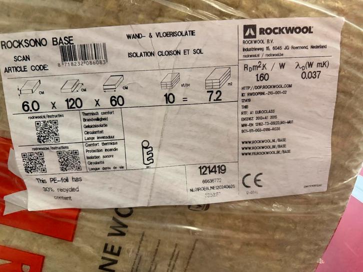 Rockwool Steenwol Isolatie 6cm dik 1 pak nieuw in verpakking, Doe-het-zelf en Verbouw, Isolatie en Afdichting, Nieuw, Vloerisolatie
