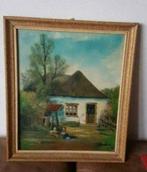 Olieverf boerderij 2 kinderen oude kinderwagen A. Franken., Antiek en Kunst, Kunst | Schilderijen | Klassiek, Ophalen