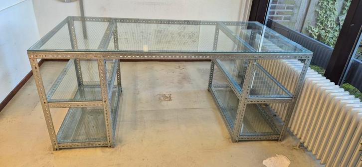Vintage glazen tafel met metalen frame, Huis en Inrichting, Tafelonderdelen, Gebruikt, Tafelblad, 100 tot 150 cm, 50 tot 100 cm