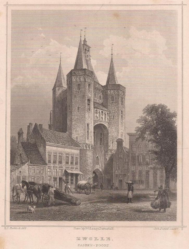 Zwolle. Sassen-Poort Staalgravure ca. 1860 Terwen, Antiek en Kunst, Kunst | Etsen en Gravures, Ophalen of Verzenden