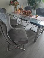 Complete woonkamer set: Eettafel, stoelen, tafel, haard, 100 tot 150 cm, Ophalen of Verzenden, Zo goed als nieuw, Vijf personen of meer