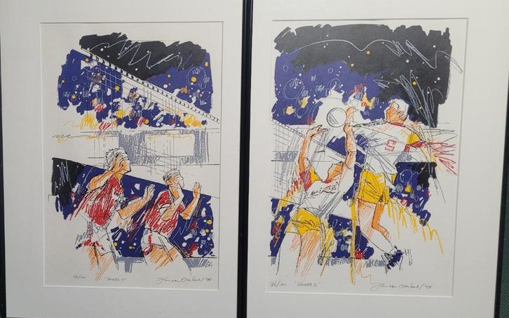 Tweeluik zeefdrukken volleybal, Antiek en Kunst, Kunst | Schilderijen | Klassiek, Ophalen