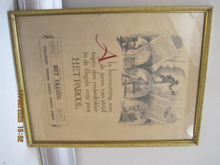 parool 8 mei 1945 schilderij 26/33,5 cm WO2 (352), Verzamelen, Militaria | Tweede Wereldoorlog, Overige soorten, Foto of Poster