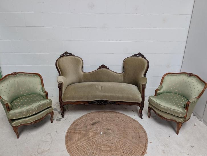 Antiek franse 3 pers bank Set - Bank en Fauteuils, Huis en Inrichting, Banken | Complete zithoeken, Gebruikt, Hout, Stof, Ophalen of Verzenden