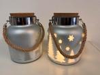 2 Zilveren Windlichten Kerst met Verlichting, Ophalen of Verzenden, Zo goed als nieuw, Metaal, Grijs