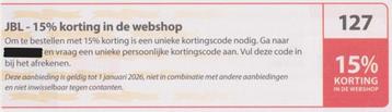 JBL 15% korting in de webshop. Postcode kortingsbon nr 127.  beschikbaar voor biedingen