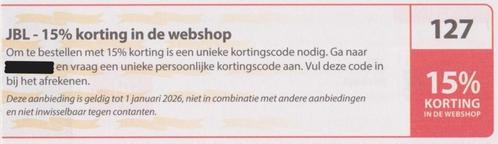 JBL 15% korting in de webshop. Postcode kortingsbon nr 127., Tickets en Kaartjes, Kortingen en Cadeaubonnen, Eén persoon, Warenhuis- of Winkelbon