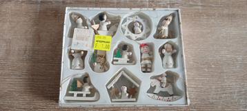 Vintage houten kerstboomhangers engeltjes wit goud in doosje beschikbaar voor biedingen