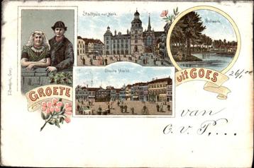 Groete uit Goes Lithokaart 4 zeer oude afb. st 1900 beschikbaar voor biedingen