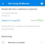 2x Social deal 1u bowlen + saté menu bij Vier hoog Eindhoven, Tickets en Kaartjes, Twee personen, Overige soorten, Arrangement