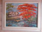 Schilderij uit Indonesië. mooie flamboyant / bosvlam boom, Antiek en Kunst, Kunst | Schilderijen | Klassiek, Ophalen of Verzenden