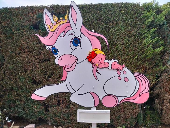 Geboortebord o.a. roze paardje met kroon en baby., Kinderen en Baby's, Kraamcadeaus en Geboorteborden, Nieuw, Geboortebord, Ophalen