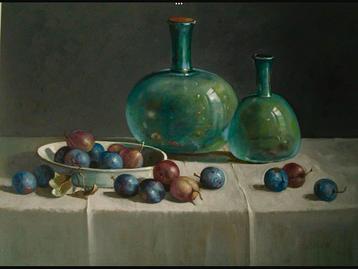 Stilleven met Pruimen en Flessen beschikbaar voor biedingen