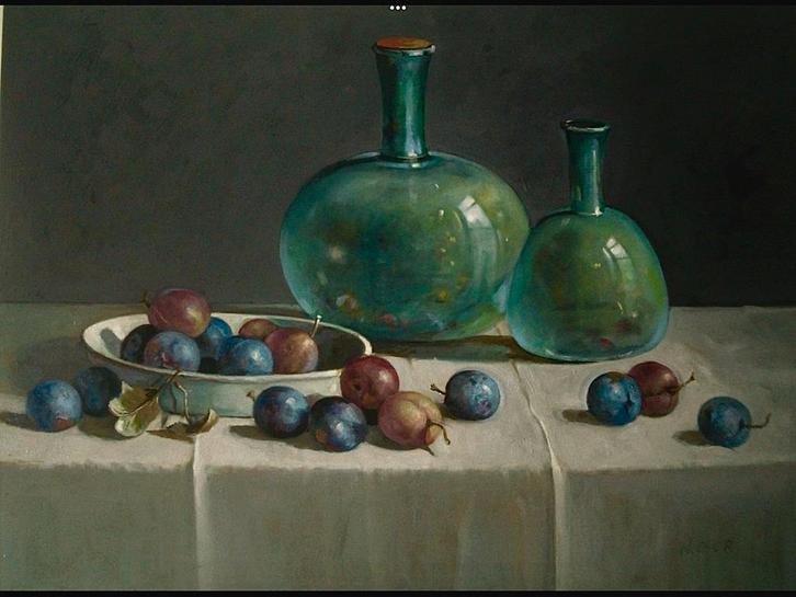 Stilleven met Pruimen en Flessen, Antiek en Kunst, Kunst | Schilderijen | Klassiek, Ophalen of Verzenden