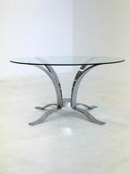 Glazen vintage mid-century salontafel met chroom frame, Ophalen, 100 tot 150 cm, -, Glas