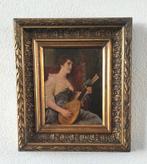 Op geschilderde portret vrouw gitaar oud antiek schilderij, Ophalen of Verzenden