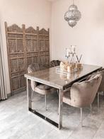 Tafel met glasplaat & 4 Richmond schelpstoelen, Huis en Inrichting, Tafels | Eettafels, Zo goed als nieuw, 150 tot 200 cm, Rechthoekig