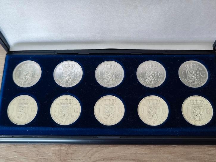 Set 10x Zilveren 1 Gulden Juliana 1954–1958 & 1963–1967, Postzegels en Munten, Munten | Nederland, Koningin Juliana, Zilver, Ophalen