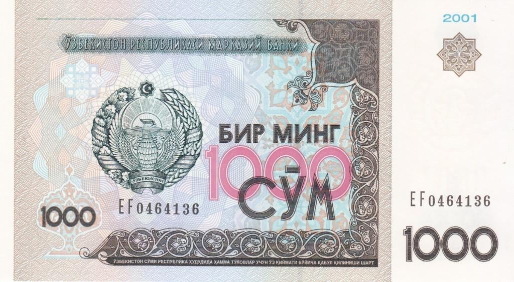 Oezbekistan bankbiljet 1000 Som 2001 Arms UNC, Pick 82, Ophalen of Verzenden, Centraal-Azië, Los biljet