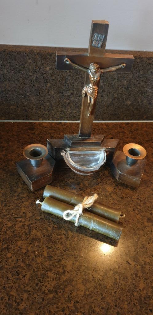 Antiek wijwaterbakje met kaarsen, Antiek en Kunst, Curiosa en Brocante, Ophalen of Verzenden