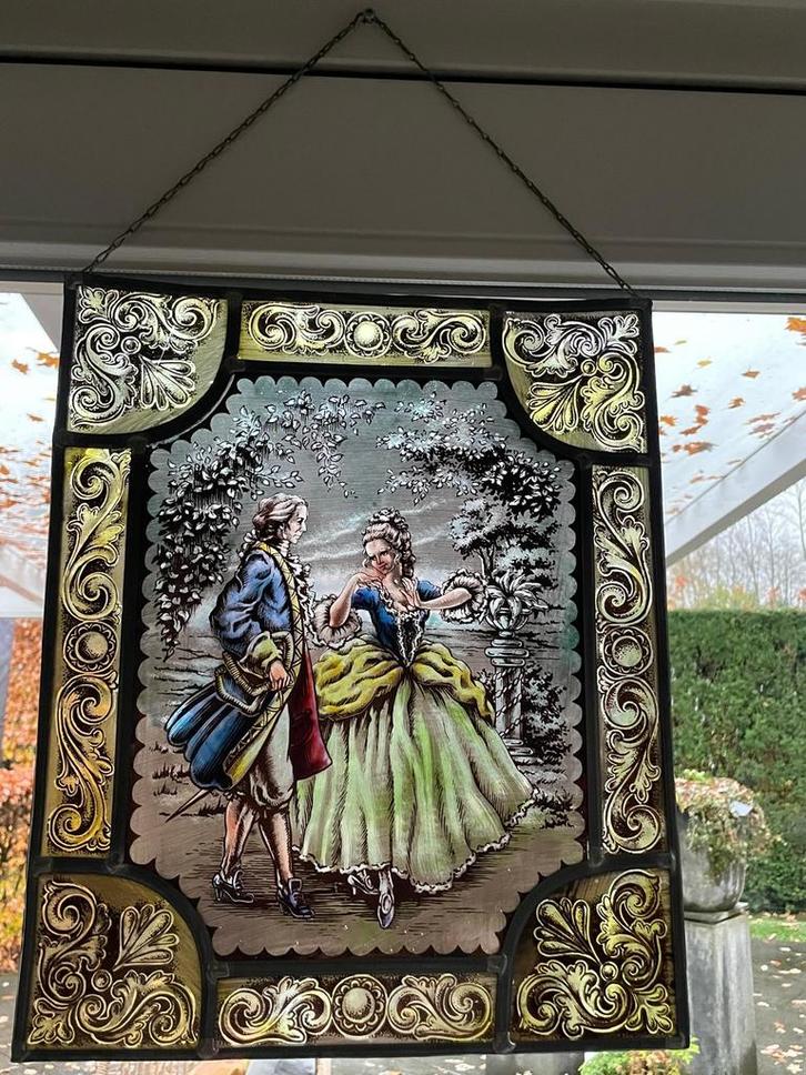Glas-in-lood kunstpaneel met romantische scène, Antiek en Kunst, Antiek | Glas en Kristal, Ophalen of Verzenden