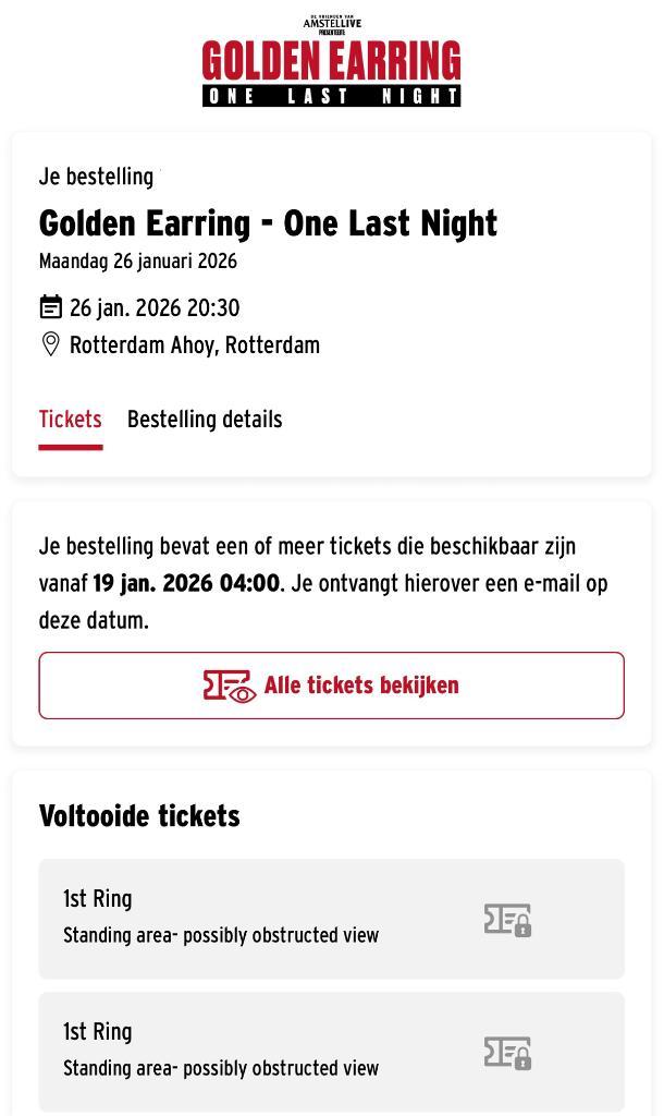2 Tickets Golden Earring 1e ring (Ma 26 jan), Tickets en Kaartjes, Concerten | Pop, Twee personen, Januari