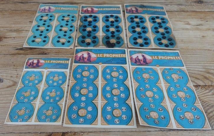 6 Franse brocante kaartjes met drukknoopjes Le Prophete, Antiek en Kunst, Curiosa en Brocante, Ophalen of Verzenden