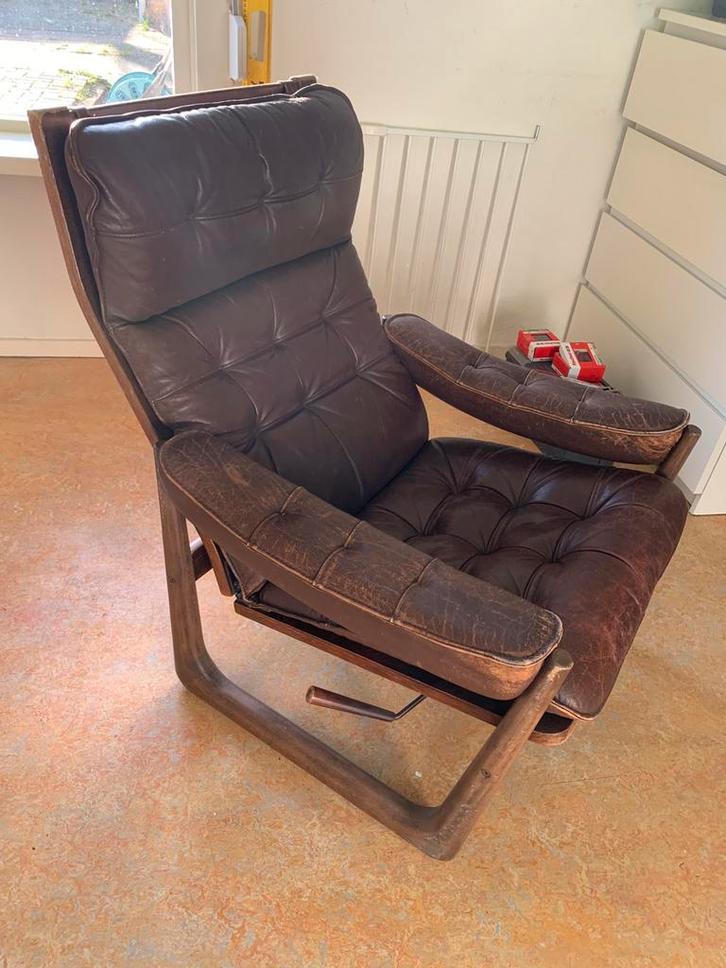 leren verstelbare fauteuil,Genega Møbler jaren 60 vintage, Huis en Inrichting, Fauteuils, Gebruikt, Leer, 50 tot 75 cm, 75 tot 100 cm