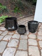 3 zwarte grote geglazuurde plantenpotten, Tuin en Terras, Bloempotten, Ophalen, Rond, Binnen, Minder dan 25 cm
