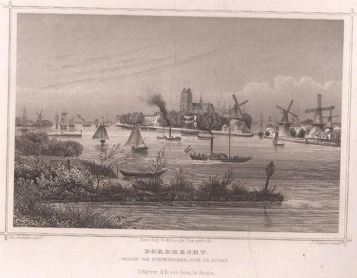 Dordrecht, gezien van Steenekamer, over de rivier 1858 Staal, Antiek en Kunst, Kunst | Etsen en Gravures, Ophalen of Verzenden