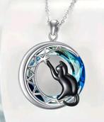 925 zilver ketting zwarte kat op maan met kristal, Overige voorstellingen, Nieuw, Ophalen of Verzenden, Zilver