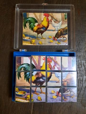 Retro blokkenpuzzel in bewaardoos,  thema boerderij beschikbaar voor biedingen