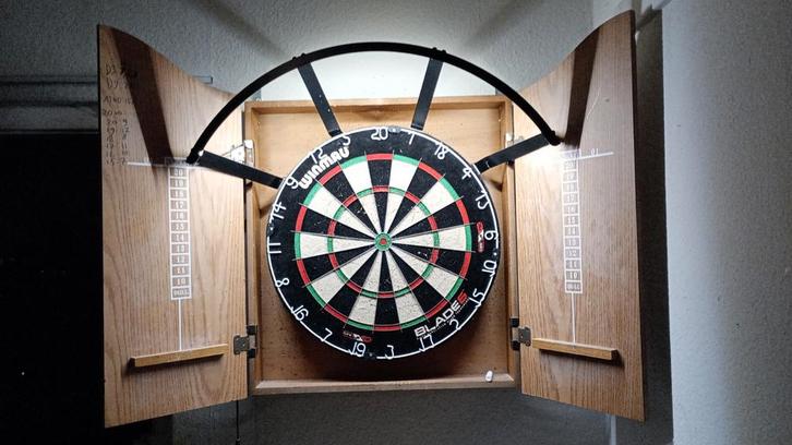 Complete dartset: dartbord, licht, kast, dartmat, oche, Sport en Fitness, Darts, Gebruikt, Dartbord, Ophalen