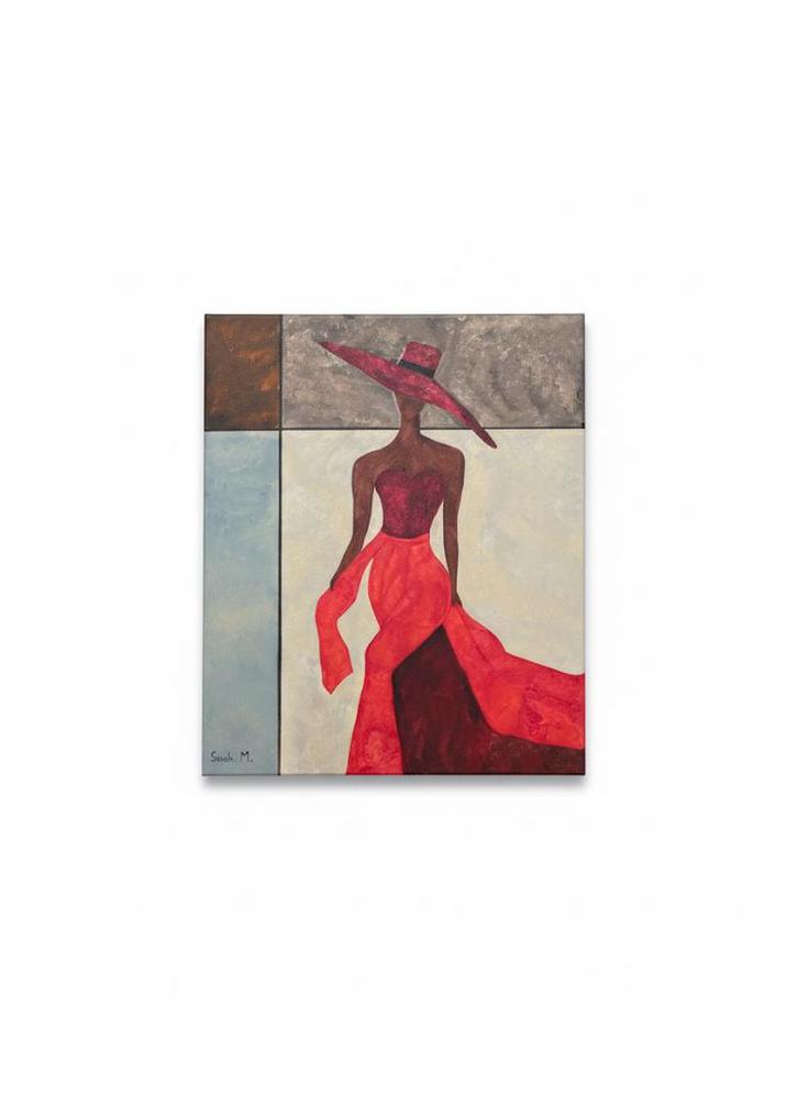 Modern schilderij — Vrouw in rode jurk, Antiek en Kunst, Kunst | Schilderijen | Modern, Ophalen of Verzenden