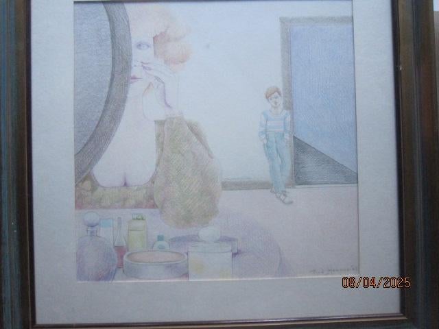 Pastel schilderij  schild. Vrouw maakt zich op bij Jongen, Antiek en Kunst, Kunst | Schilderijen | Klassiek, Ophalen of Verzenden