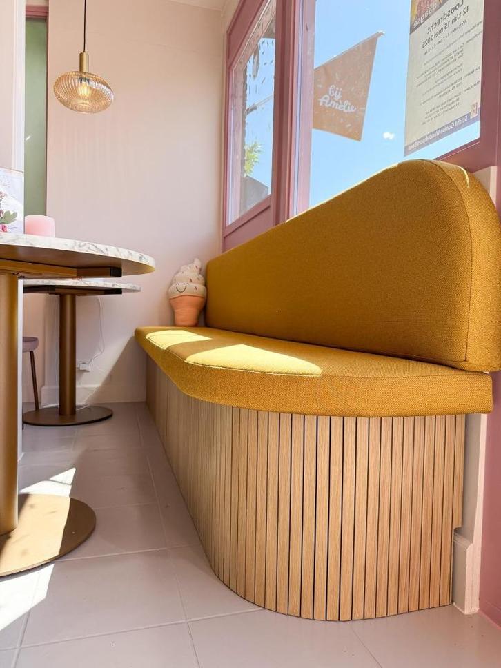 Eetbank ronde vorm organisch gestoffeerd latten, Huis en Inrichting, Banken | Sofa's en Chaises Longues, Nieuw, Overige maten