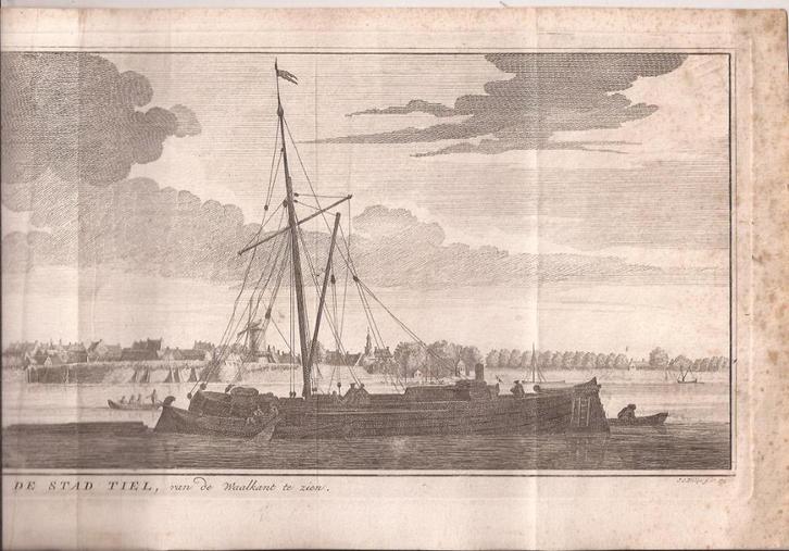 De stad Tiel, van de Waalkant te zien. 1740, Antiek en Kunst, Kunst | Etsen en Gravures, Ophalen of Verzenden
