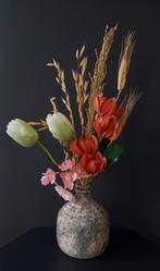 Kunst- en Droogbloemen gebonden boeket +grijs beige vaas H44, Ophalen of Verzenden, Nieuw