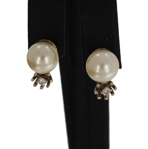 Diamant 14k wit gouden parel oorbellen dames stekers vintage, Sieraden, Tassen en Uiterlijk, Antieke sieraden, Oorbellen, Goud