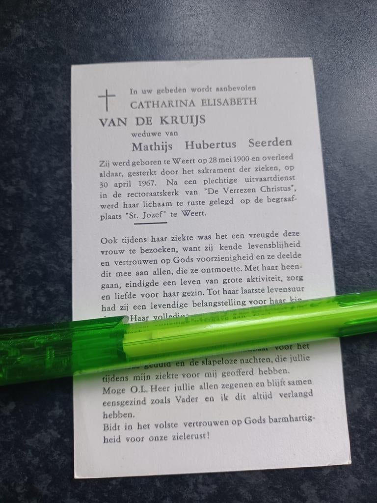Bidprentje Weert Catharina vd Kruijs 1900 1967, Ophalen, Bidprentje